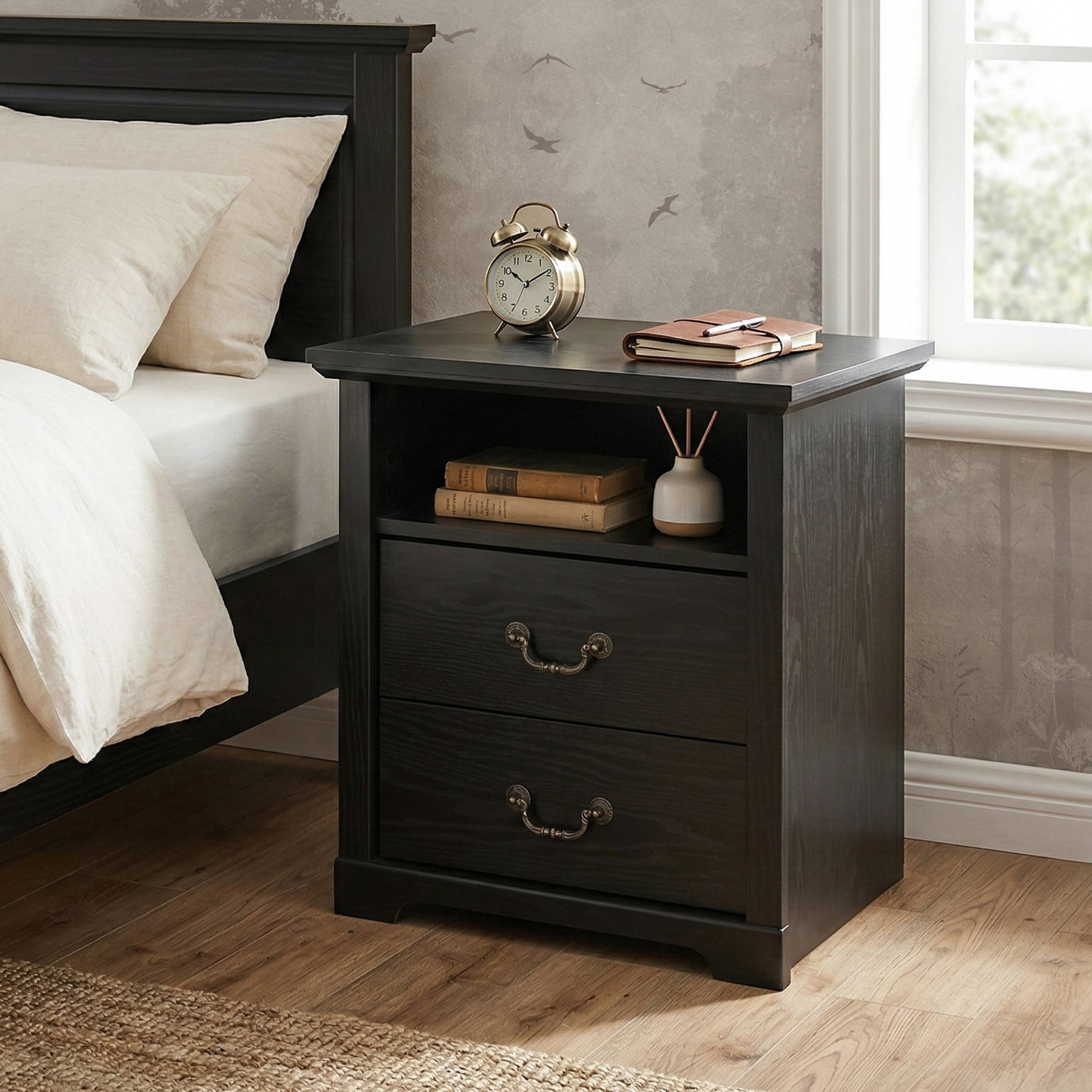 Furniture of America Chara Modern Wood 2-Drawer Kids Nightstand with Open Top Shelf, Black