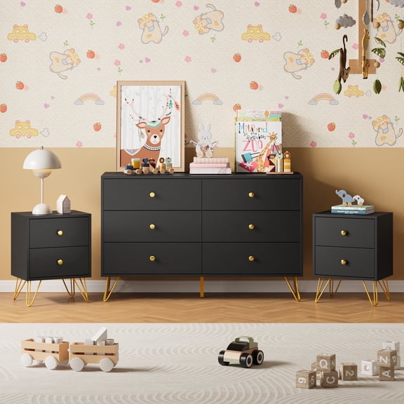 YouTrend Dresser and Nightstand sets,6 Drawer Dresser for Bedroom, 3 Piece Bedroom Dresser Set for Adult,Black