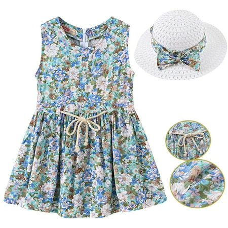 

Leutsin 2PCS Girls Dress Hat Cotton Princess Dresses Baby Summer Floral Sleeveless Set