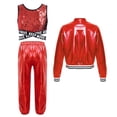 thumbnail image 3 of renvena Kids Girls Hip Hop Street Dance Performance Costume Sequins Crop Top Long Sleeve Bomber Red 16, 3 of 6