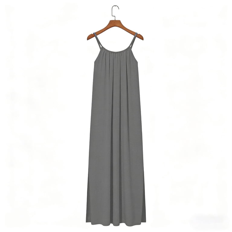 Cotton Linen Backless Maxi Dress, Sleeveless Spaghetti Strap Side Slit Beach Dress for Summer Vacation, Casual Solid Color Sundress for Resort Wear and Outdoor Activities Grey