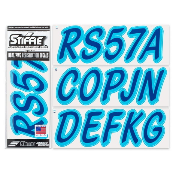 STIFFIE Whipline Solid Navy/Sky Blue 3" Alpha-Numeric Registration Identification Numbers Stickers Decals for Boats & Personal Watercraft