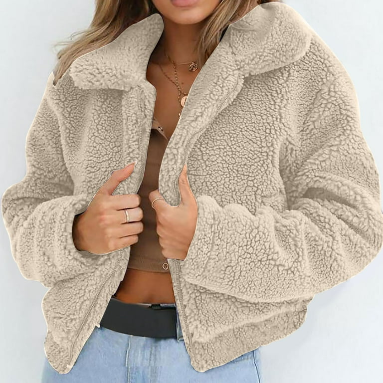 Women's Casual Fuzzy Coat Jacket, Soft Cozy Sherpa Cropped Jacket Fluffy  Hooded