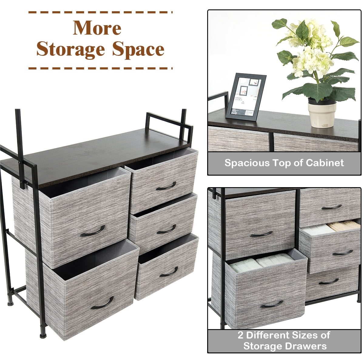 Costway 5 Drawer Dresser Fabric Storage Tower Organizer Unit Sturdy Steel  Frame