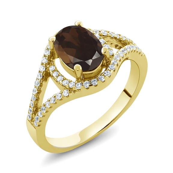 Gem Stone King 1.91 Ct Oval Brown Smoky Quartz 18K Yellow Gold Plated Silver Ring (Size 5)