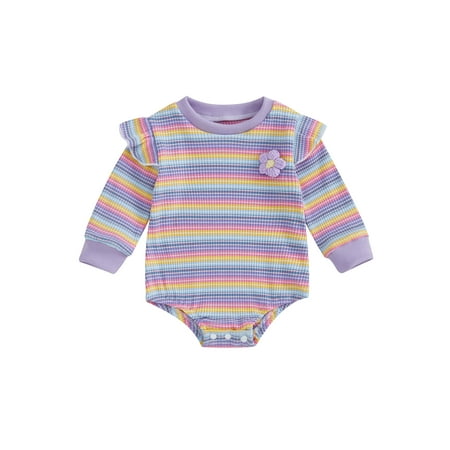 

Licupiee Baby Girls Rompers Flower Stripe Round Neck Fall Bodysuits