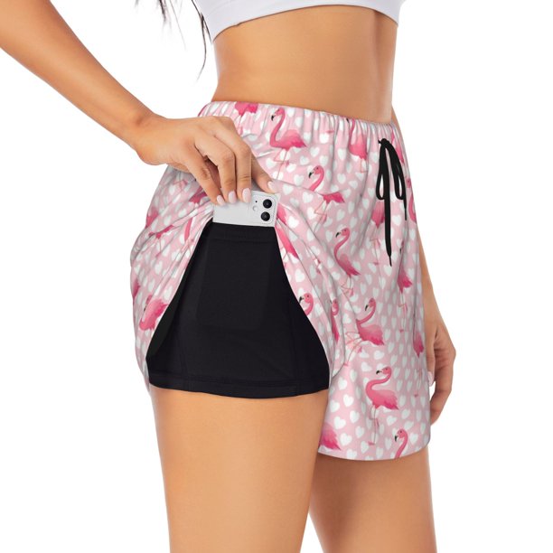 Balery Cute Flamingo with Heart Pantalones cortos deportivos para mujer con forro y dos bolsillos, elásticos, para entrenamiento, gimnasio, yoga-X-Large