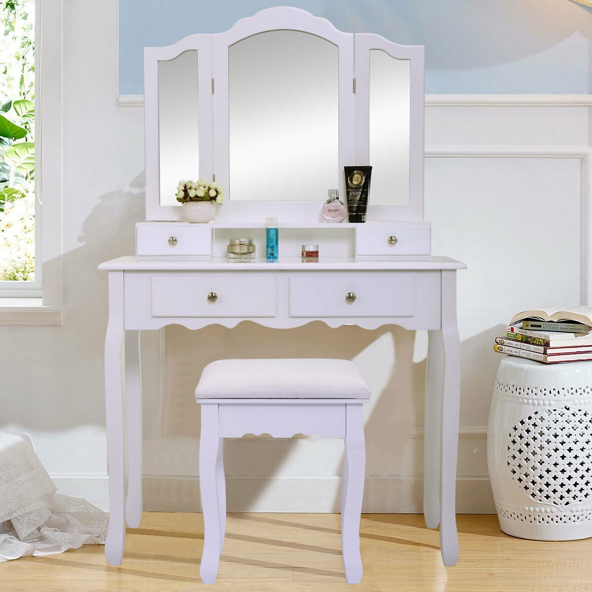Lowestbest Dressing Table Vanity with Cushioned Stool, White Wooden Dressing Vanity Table Desk for Bedroom, Bathroom, Closet, Hallway, Makeup Table with 3 Mirrors and 4 Storage Drawers Lowestbest Dressing Table Vanity with Cushioned Stool, White Wooden Dressing Vanity Table Desk for Bedroom, Bathroom, Closet, Hallway, Makeup Table with 3 Mirrors and 4 Storage Drawers