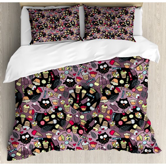Owls Duvet Cover Set Queen Size, Crazy Owls and Tasty Delicious Sweets Cupcakes Ice Cream Candy and Abstract Leaves, Decorative 3 Piece Bedding Set with 2 Pillow Shams, Multicolor, by Ambesonne