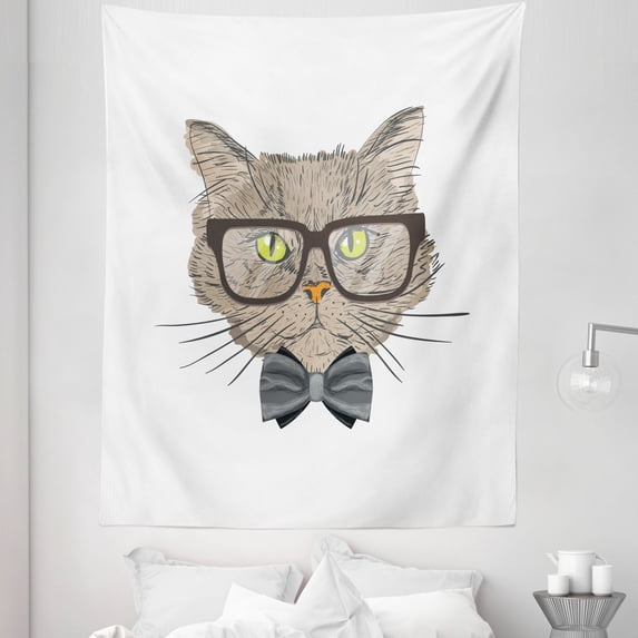 Geek Tapestry, Portrait Drawing of a Cat with Bowtie and Glassess with Urban Style Hipster Look Theme, Fabric Wall Hanging Decor for Bedroom Living Room Dorm, 5 Sizes, Multicolor, by Ambesonne