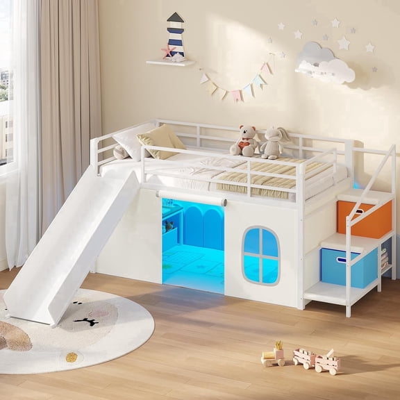 Low Loft Bed Twin with Slide, Storage Drawers and Led Lights, Metal Twin Size Loft Beds with Art Table, Storage Stairway and Under-Bed Play Space, Twin Beds with Safety Guardrail, White