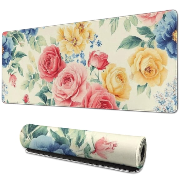 Long Mouse Pads for Desk,Pioneer Flower Floral Print Pattern Desk Mats on Top Of Desks, Desk Mouse Pad Extra Large with 3mm Non-Slip Base and Stitched Edge for Gaming,Office,Work,Home 31.5"x11.8"