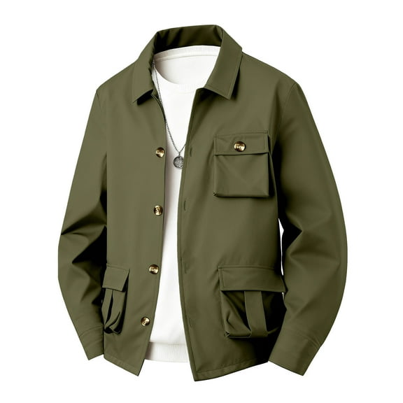 YFNNUP Mens Lightweight Jackets Button Down Casual Windbreaker Vintage Fall Cargo Jacket with Pockets Army Green
