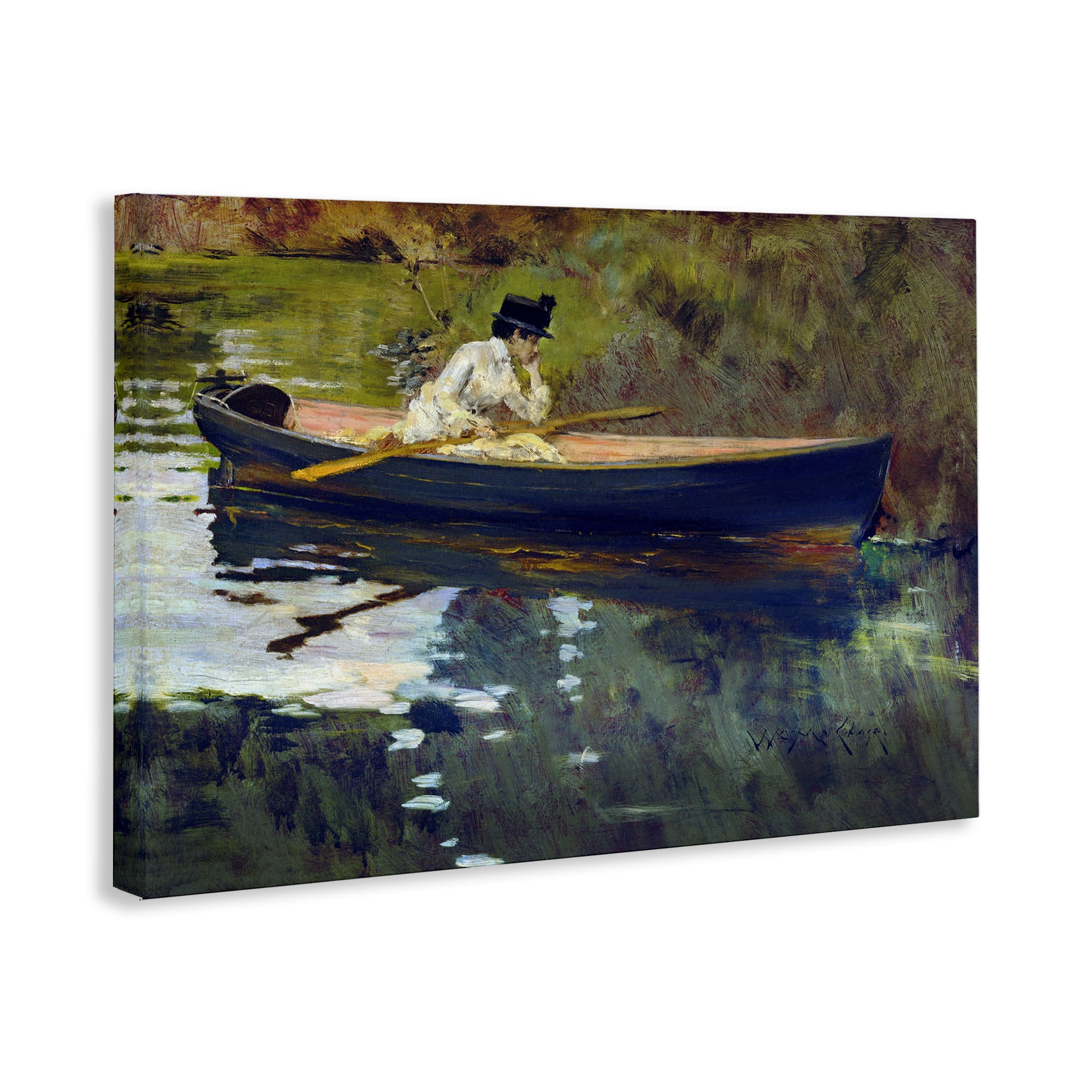Stupell Industries Thoughtful Woman on Canoe Novelty Painting Gallery Wrapped Canvas Art Print Wall Art, 36 x 24