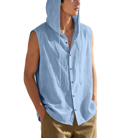 Men's Hooded Linen Blend Vest Shirt Sleeveless Loose Casual Button Down Hoodie With Drawstring Solid Color Tops Lightweight Breathable Summer Beach Fishing Outdoor Tank Top Blouse
