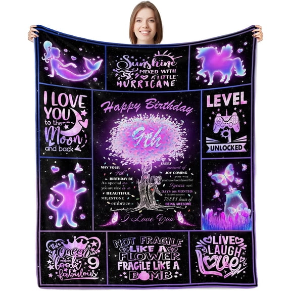 MMYGU 9th Birthday Blanket for Girls 9 Year Old Girl Gifts for Birthday Gifts for 9 Year Old Girls Birthday Gifts for 9 Year Old Girl 9 Year Old Girl Birthday Gift Ideas Throw Blanket 50x60in