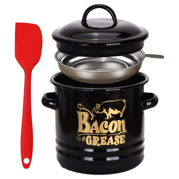 2026 New 46oz Bacon Grease Container – Enamel Farmhouse Jar with Strainer & Food-Grade Spatula, Large Capacity Grease Saver for Kitchen Storage Black