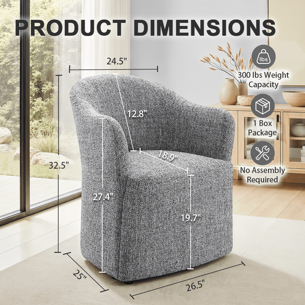 Aenkyo Dining Chair with Casters, Upholstered Barrel Back Rolling Accent Chair, Pewter Gray