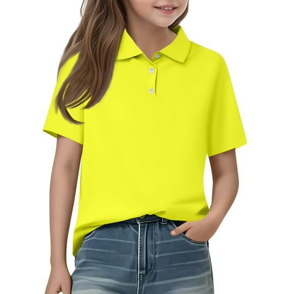 HAJWOH Polo Shirts for Toddler Girls Short Sleeve Uniform Shirts Casual Button Down Top 2025 New Collared Uniform Top Comfy Clothing Yellow 11-12 Years