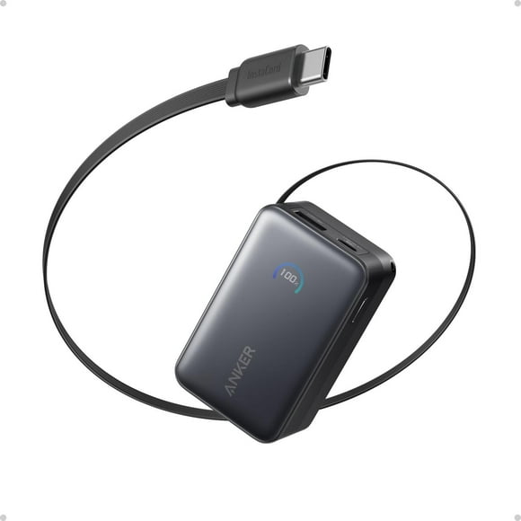 Cargador Portátil Anker Nano Negro de 10.000mAh con Cable Retráctil InstaCord y Pantalla Inteligente