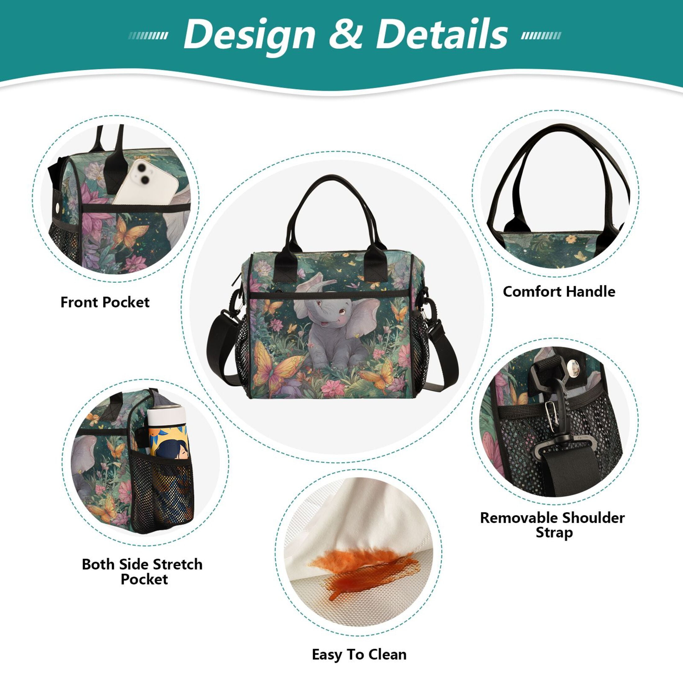Large Insulated Lunch Bags for Women Men Leakproof Thermal Meal Lunch Tote Bag for Office Work Picnic Travel Cute Elephant 9L