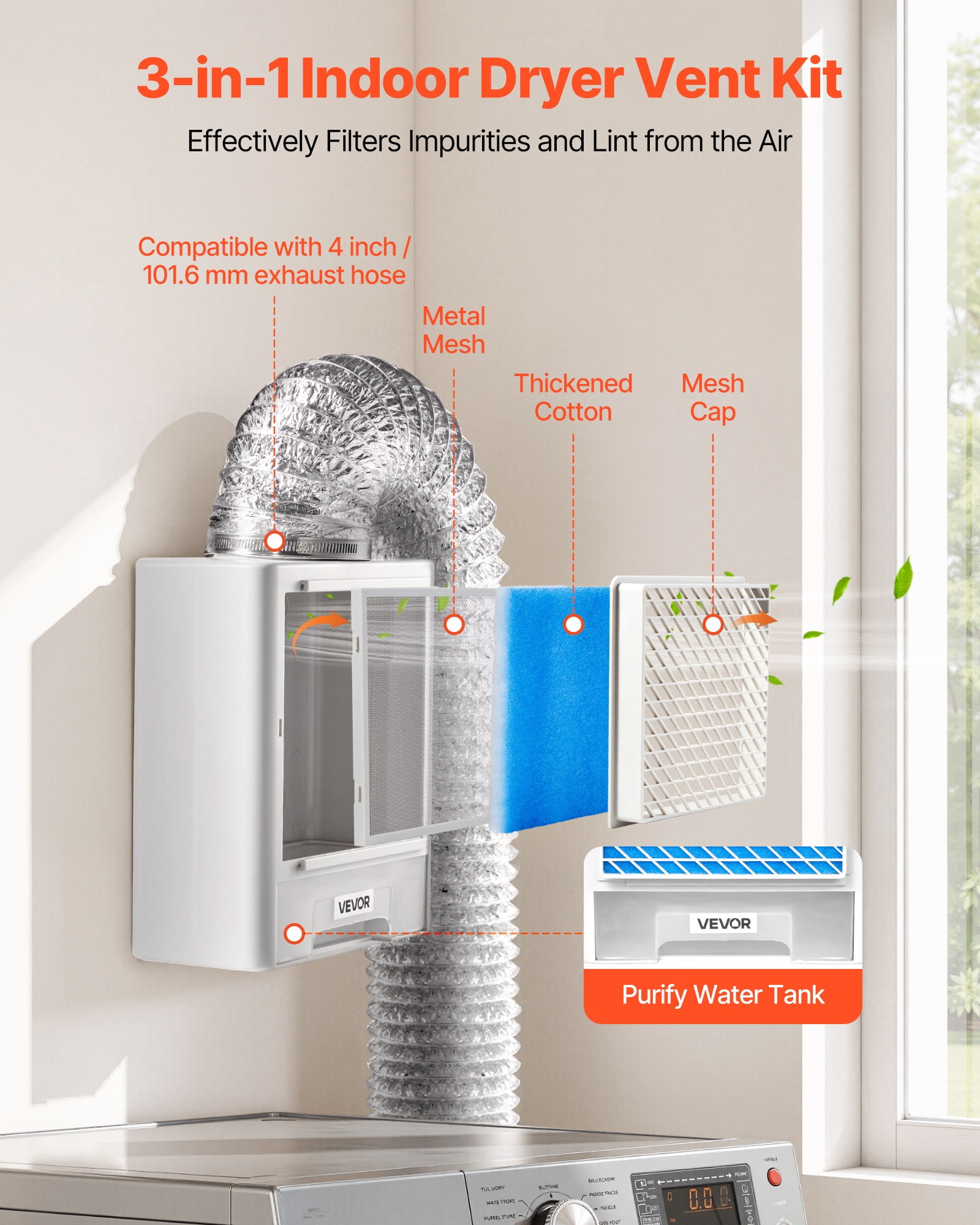 VEVOR 3-in-1 Indoor Dryer Vent Kit,Premium ABS Material with Water Drawer Fits 4 inch Exhaust Port, Smart Overheating Reminder Exhaust Hood & with 4 Purification Pads,For Electric Clothes Dryers