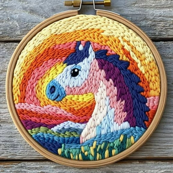 DIY Punch Needle Kits for Beginners Horse with Sunset with Hoop Embroidery Punch Needle Starter Craft Set Easy for Adults and Children Festival Gift and Decoration 20x20cm-3
