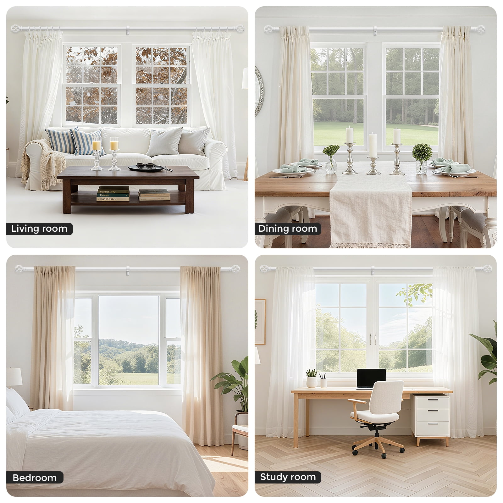 OLV 1" White Twist Cage Adjustable Single Curtain Rod Set for Windows,36-88"