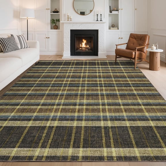 9x12 Ft Area Rug Living Room Rug Washable Non Slip Low Pile Modern Plaid Brown