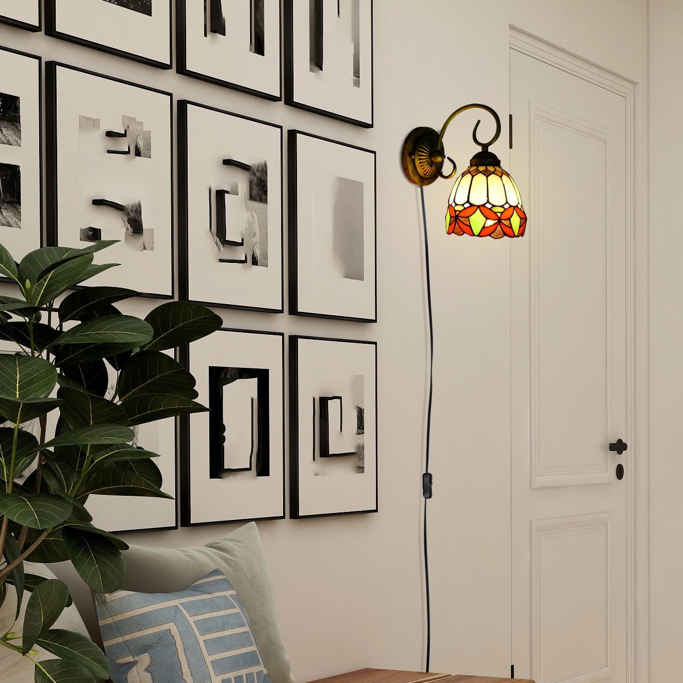 Kiven Plug in Black Wall Lamp Tiffany Style Dimmable Plug in Wall Sconce with Timer, Glass Lampshade, 5.9ft Plug-in Cord, E26 Socket