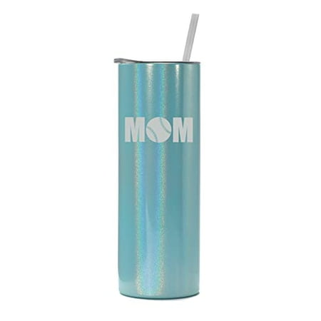 

20 oz Skinny Tall Tumbler Stainless Steel Vacuum Insulated Travel Mug Cup With Straw MOM Baseball Softball (Light Blue Iridescent Glitter)