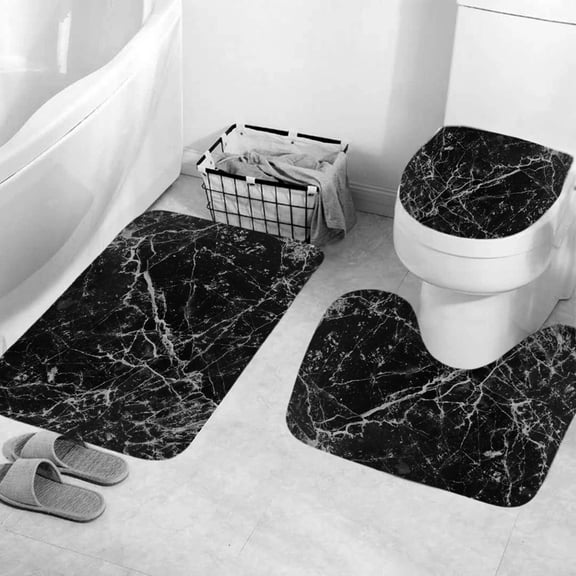 3 Pcs Set Bathroom Rugs Toilet Mats Black Gray Marbling Pattern Soft Absorbent Non-Slip Backing Mat Memory Foam Rug