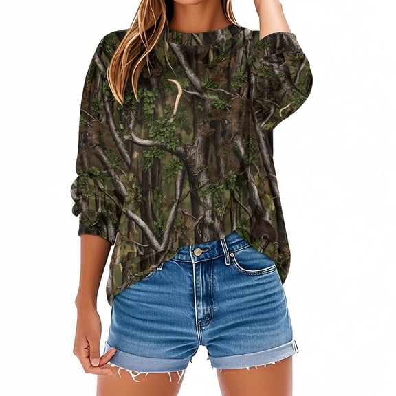 Oksale Camo Winter Sweatshirt for Women Vintage Leaves Printing Sweatshirts Casual Crew Neck Shirts Cozy Long Sleeve Y2K Tops for Outside Gray XXL