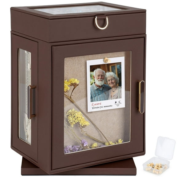 Kendal 360° Rotating DIY Jewelry Box - Black PU Leather Jewelry Organizer with Pinboard, Detachable Top Tray, Drawers & Push Pins for Personalized Accessory Display & Storage, Brown