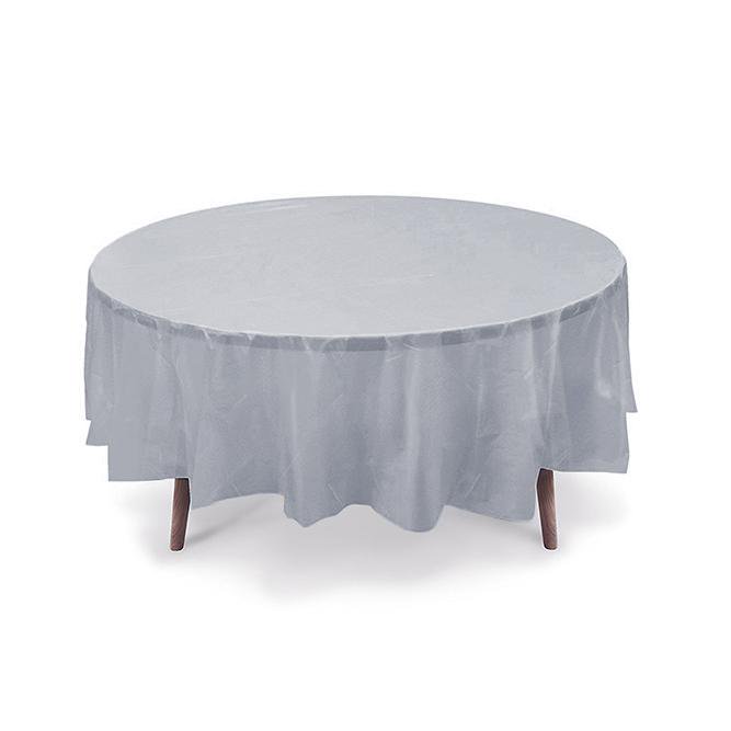 84" Silver Round Plastic Table Cover, Party Table Cover, Reusable (PEVA) (Silver)