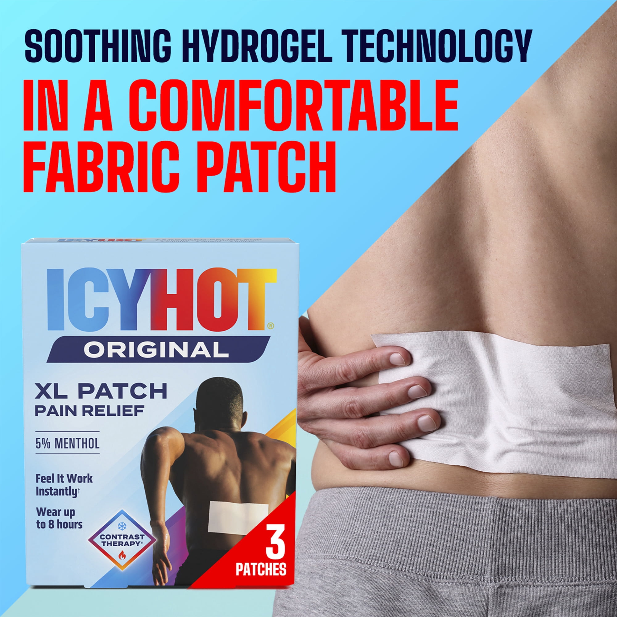 Icy Hot Original Pain Relief Patch, XL Size Comfortable Fabric Patches With Menthol 5%, Ice and Heat Contrast Therapy for Large Areas Including Backaches, Joints, Muscle Strains and Arthritis, 3 ct.