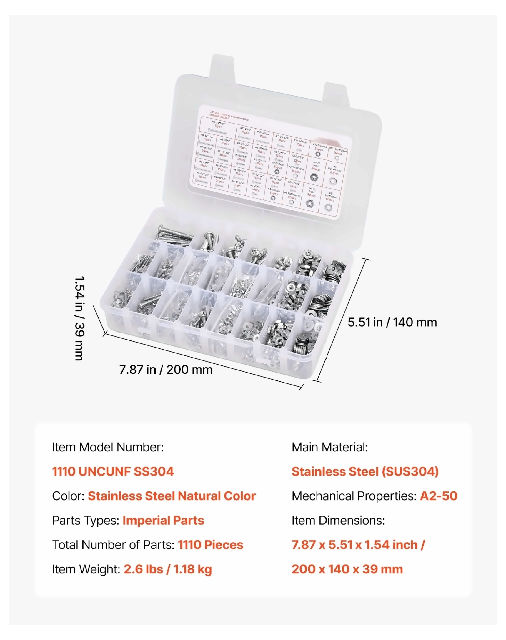 Stainless Steel Bolt Nut Assortment Kit - 1110 Pcs Imperial Fasteners for Furniture, DIY, & Repairs