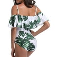 thumbnail image 4 of Women's One Piece Swimsuit Vintage Off Shoulder Flounce Ruffle Bathing Suits Green Leaf Pattern Ruffled Swimsuit XL, 4 of 5