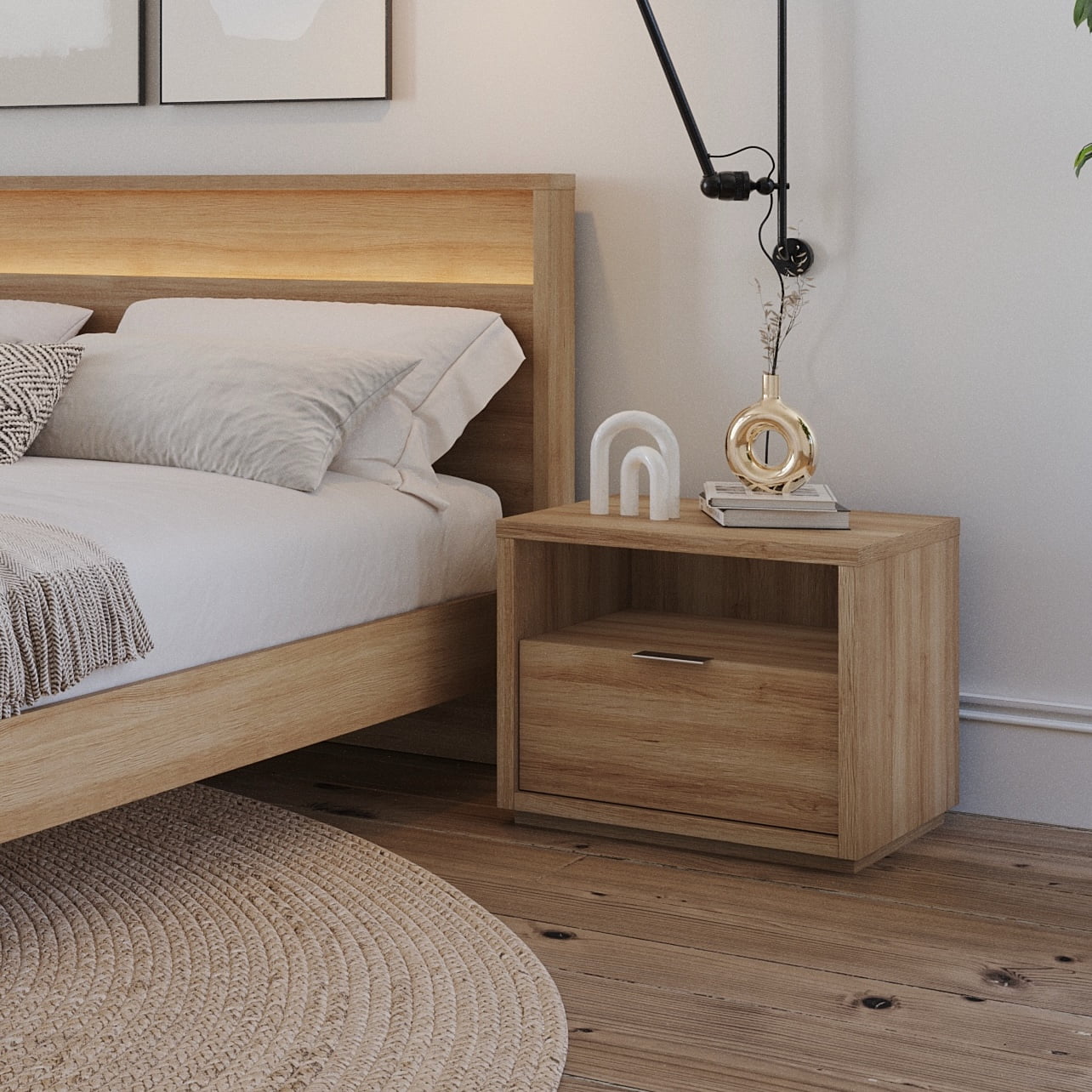 Nexera Modern 1 Drawer Nightstand, Brown Oak