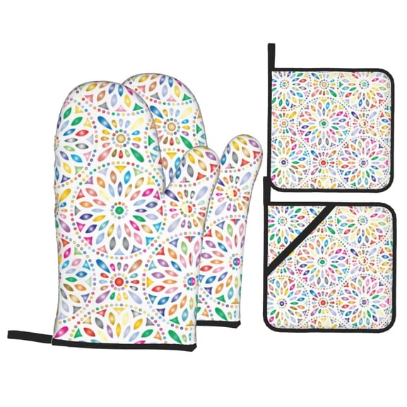 Oven Mitts and Pot Holders Set, Baking 4-Piece Set for Kitchen for Outdoor BBQ Mitts Heat Resistant Cooking, Rainbow Abstraction Pattern
