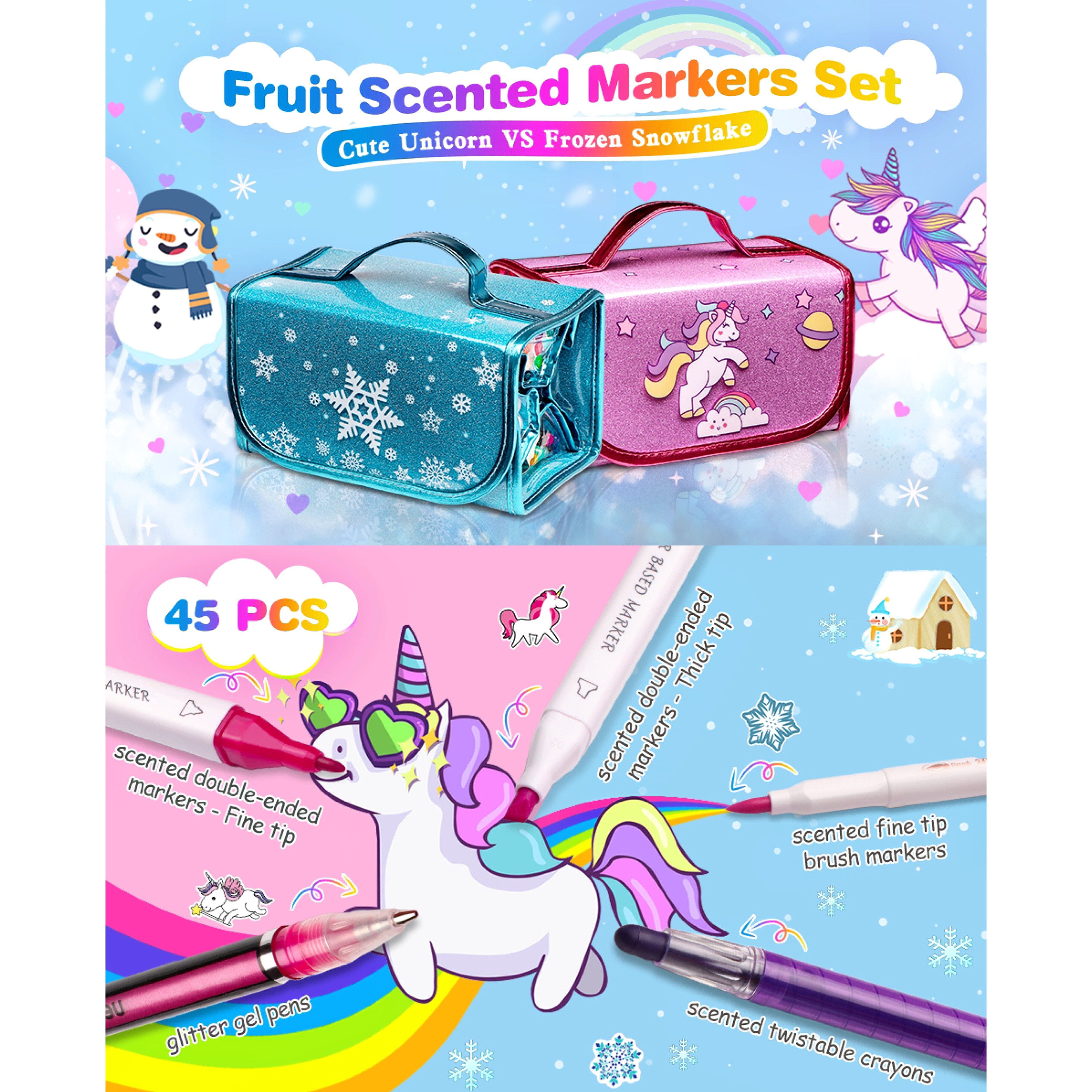 AJLICHIBAN Fun Fruit Scented Washable Markers Sets with Unicorn Pencil Case, Kids Unicorn Art Supplies & Crafts, Art Coloring Painting Kits, Christmas