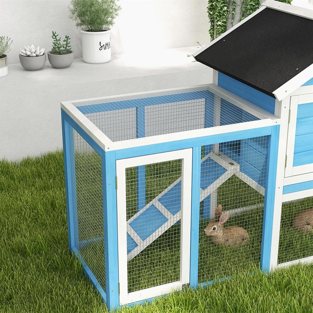 GVN Rabbit Coop, Pet Rabbit Hutch, Rabbit House,48" Wooden Rabbit Hutch Bunny Cage with Waterproof Asphalt Roof,Removable Tray and Ramp, Light Blue