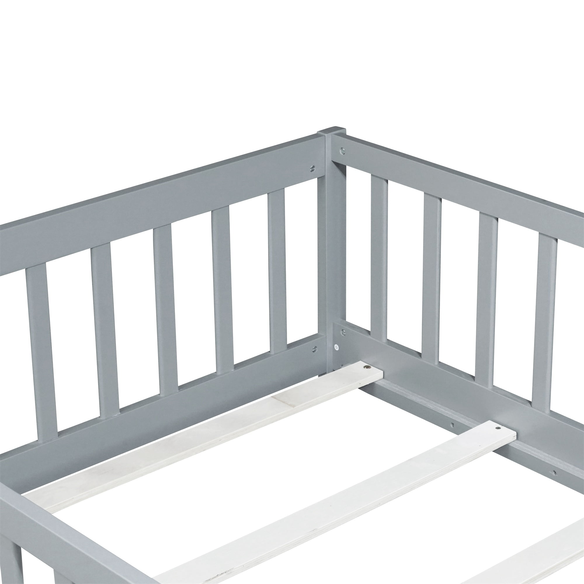 Alvantor Twin Size Montessori Floor Bed for Kids with Rails, Rubber Wood Toddler Bed Frame Low to Ground, No Box Spring Needed, Gray