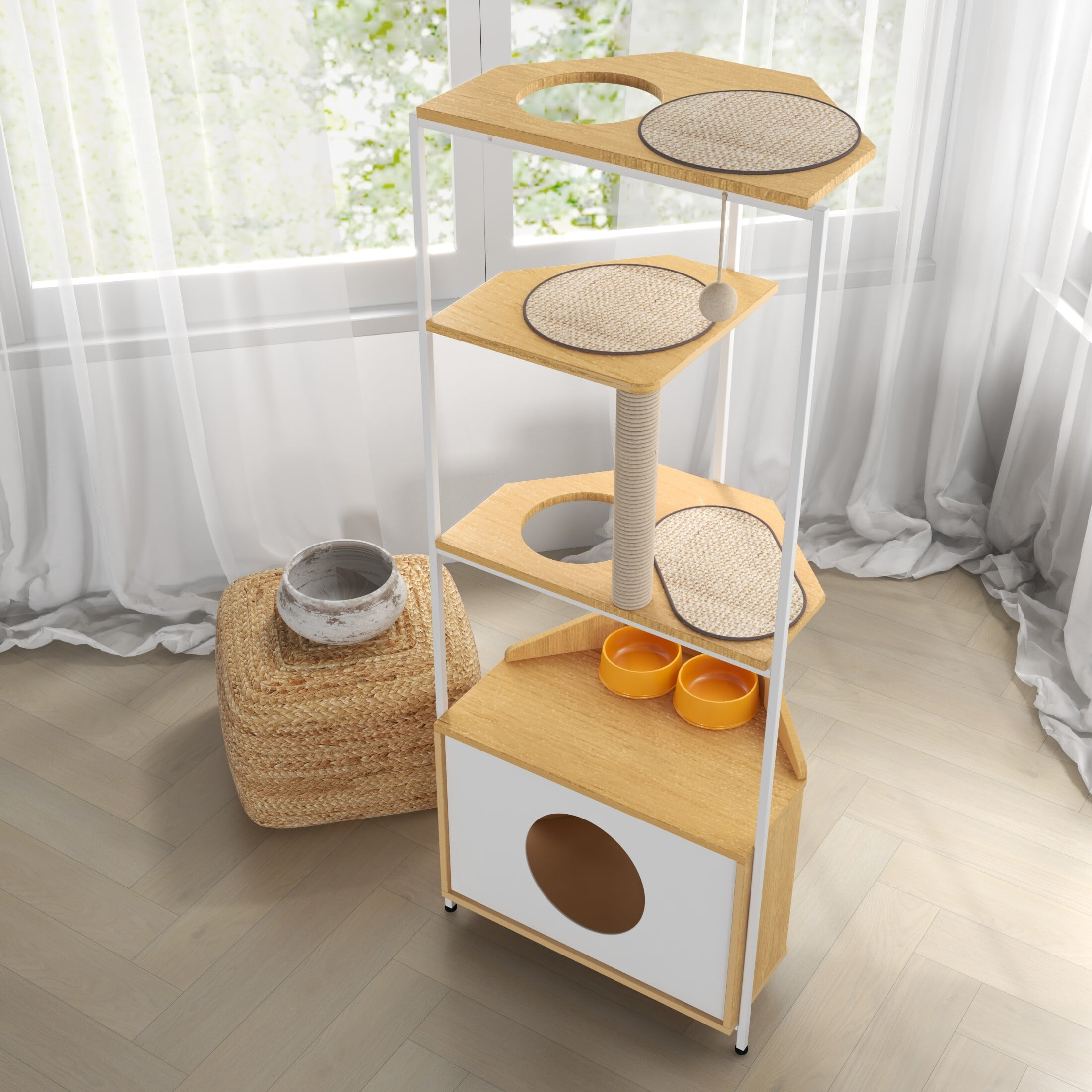 AENKYO 58.27 inch Indoor 5-level Cat Tree with Cat Nest and 2 Bowls, Cat Tower with Sisal Scratching Post, Light Oak