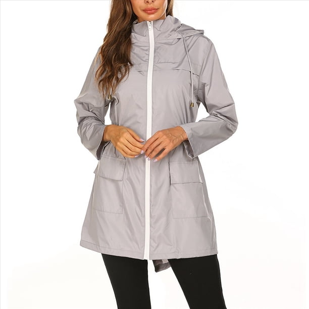 Chaqueta Impermeable para Mujer con Capucha y Cremallera Frontal de Longitud Media para Exteriores. Gris XL