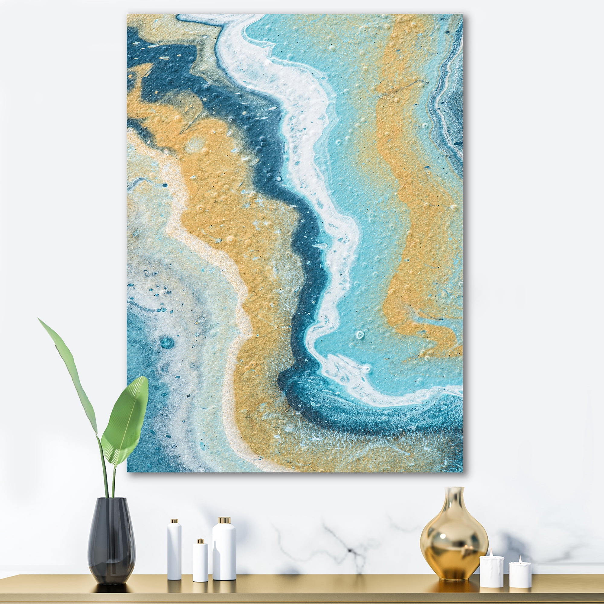 Designart ' Abstract Marble Composition In Blue and Yellow III ' Modern Canvas Wall Art Print