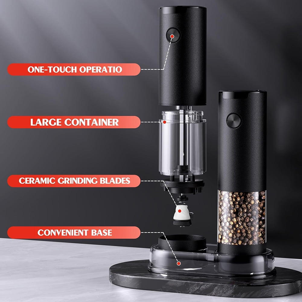 Electric Salt and Pepper Grinder Set Automatic Battery Pepper Mill Shakers Adjustable Coarseness Easy Filling Upgraded Larger Capacity with Led