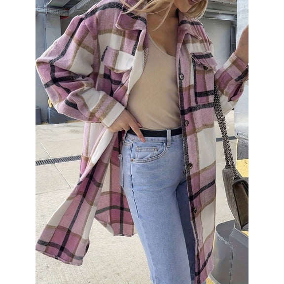 Women’s Oversized Long Plaid Flannel Shirt Jacket, Lapel Pocket Button‑Down Loose Shacket Coat, Fall Outerwear Top