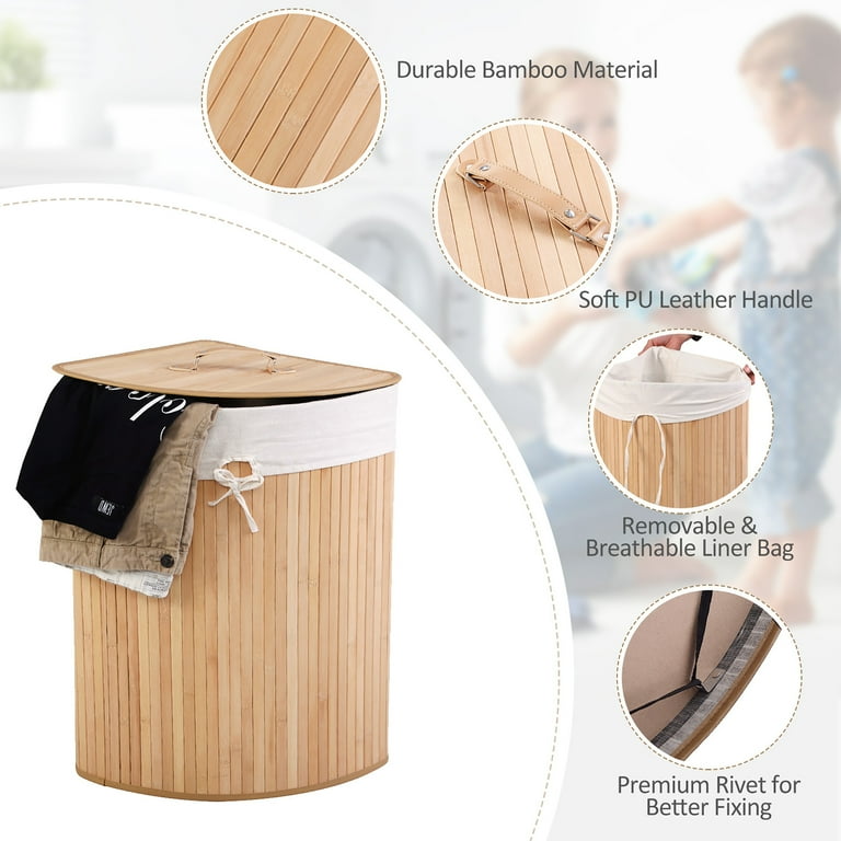 Costway Corner Bamboo Hamper Laundry Basket Washing Cloth Bin Storage Bag  Lid Natural