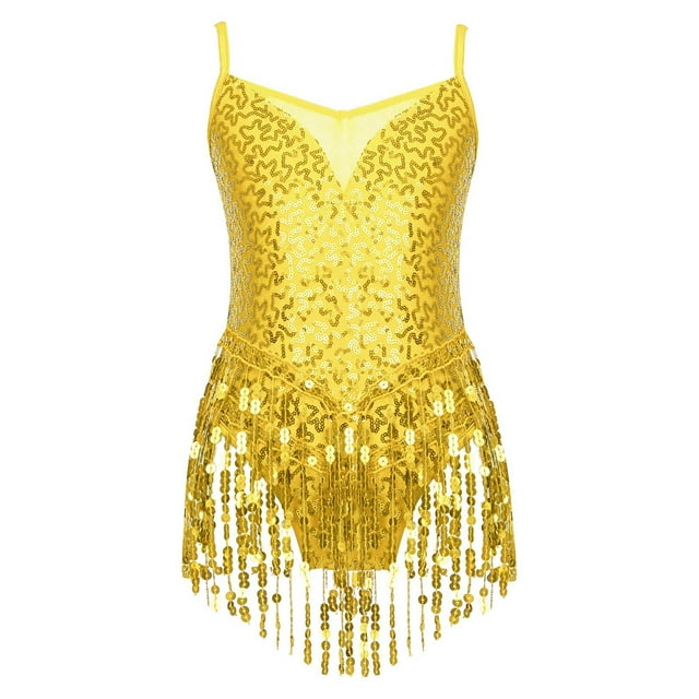 TiaoBug Robe de Danse Latine à Paillettes pour Filles avec Ourlet à Franges, Justaucorps de Danse Rumba Samba Salsa Jazz, Or 14